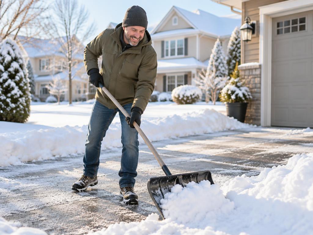 A neighbour shovelling snow from a driveway