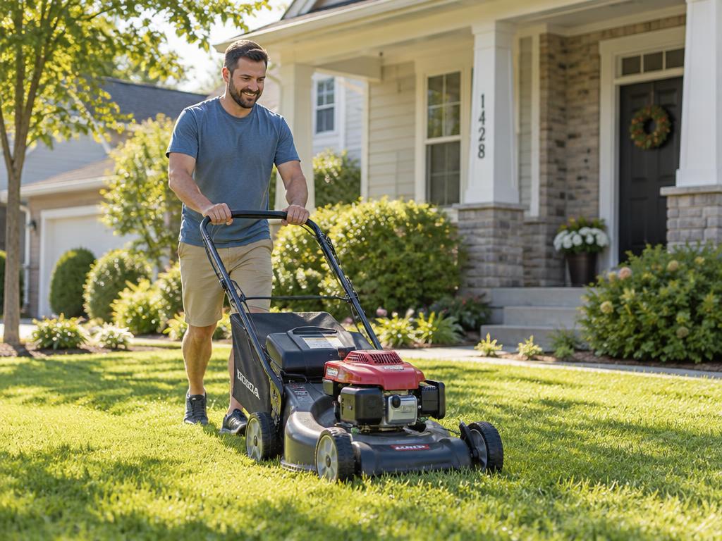 A neighbour mowing a lawn on a sunny morning